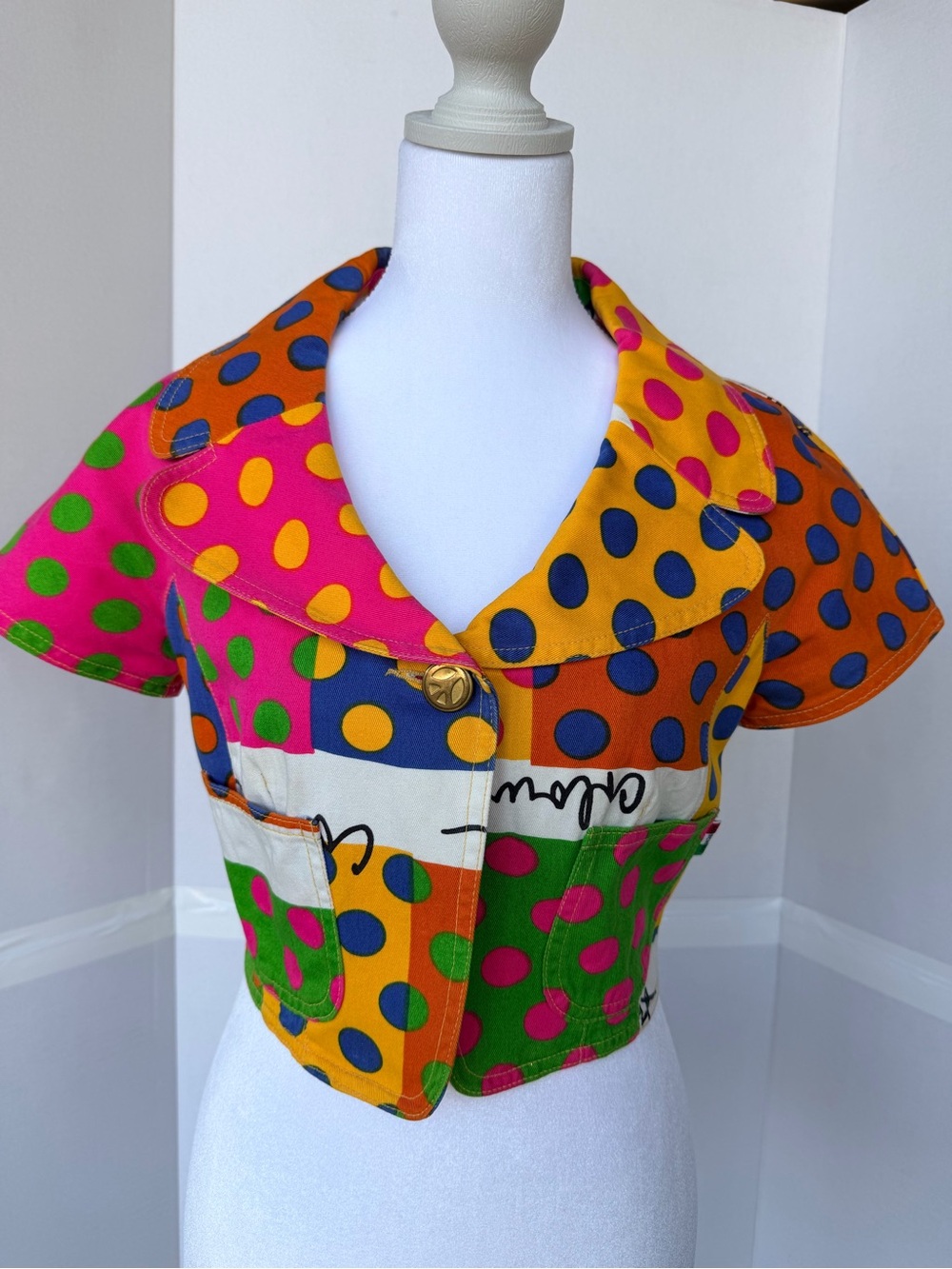 90s Vintage Color Block Polka Dot Crop Jacket